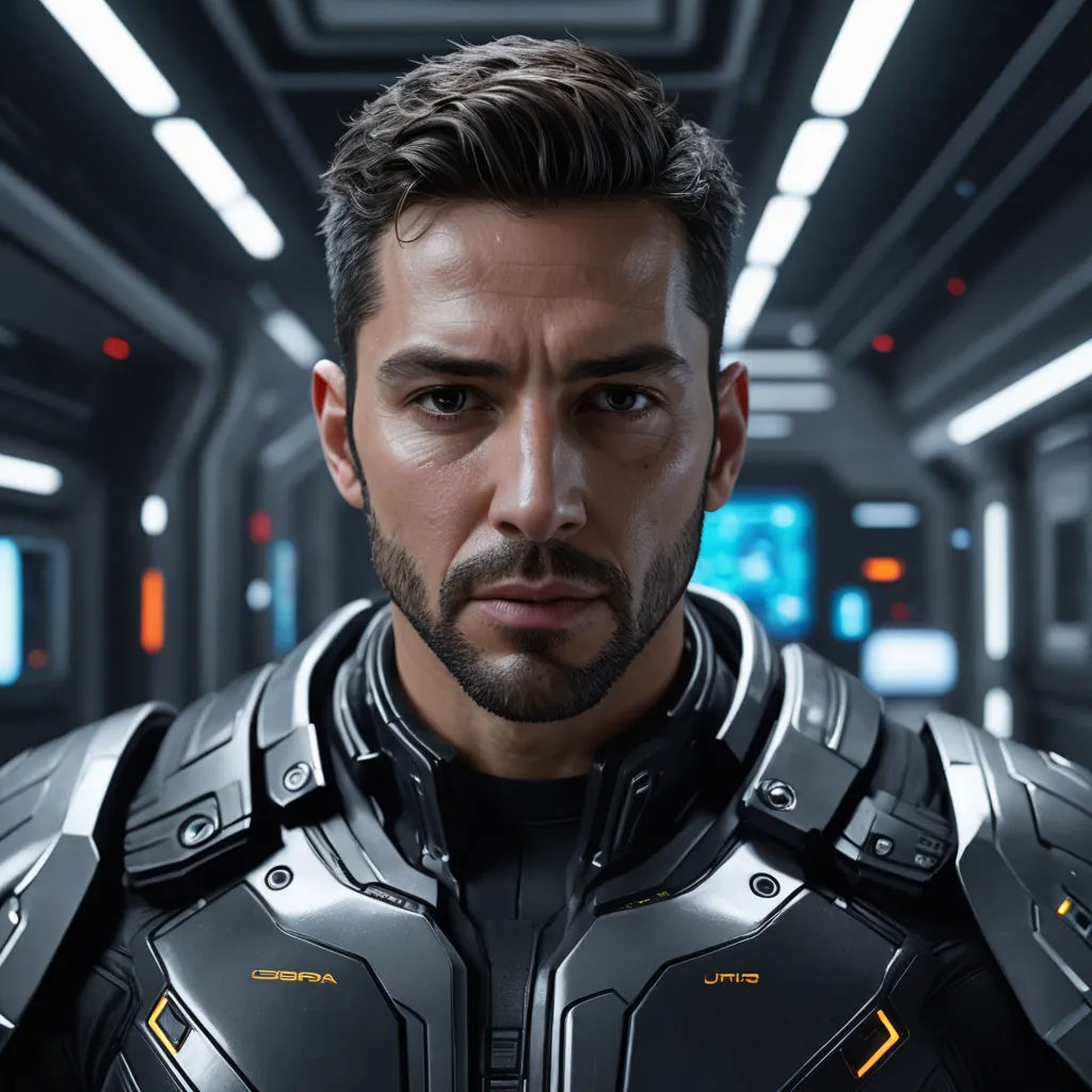a man in a futuristic suit looks at the camera in a sci - fi setting with a futuristic background, photorealism, a character portrait, Eddie Mendoza, unreal 5 render
