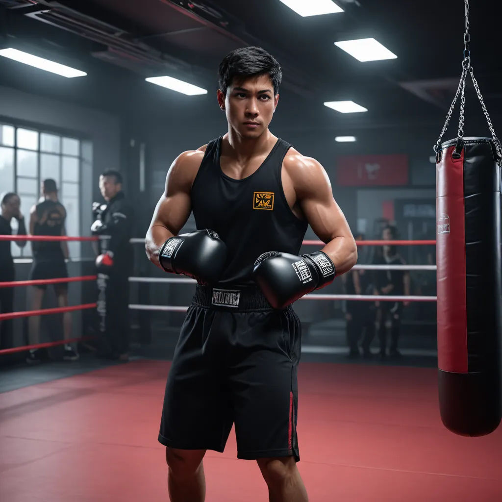 a man standing in a boxing ring with a punching glove on his chest and a punching bag on his shoulder, new objectivity, a character portrait, Cao Buxing, phuoc quan