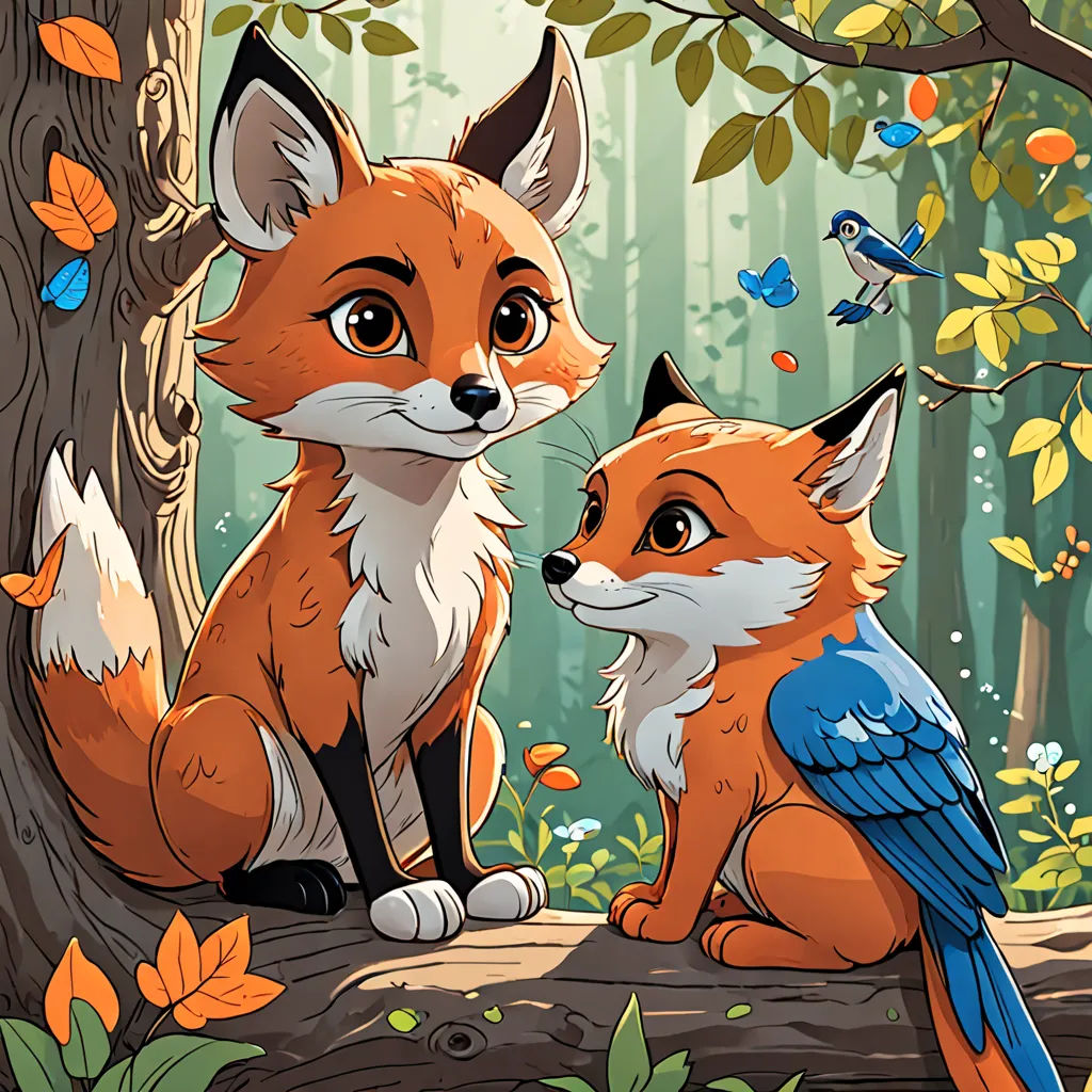 a fox and a bird sitting on a tree branch in the woods with butterflies and butterflies around them,, furry art, a storybook illustration, Dan Mumford, official art