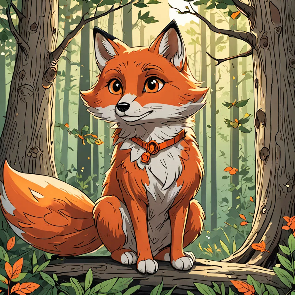 a fox sitting on a log in a forest with leaves around it and a bird flying above it,, furry art, a character portrait, Dan Mumford, official art
