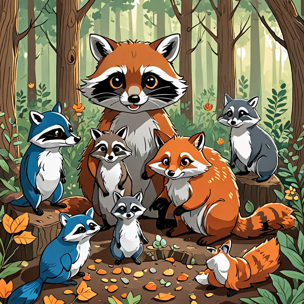 a group of foxes in a forest with leaves and flowers around them, surrounded by trees and leaves, with a few of them looking at the camera, furry art, a storybook illustration, Dan Mumford, storybook illustration