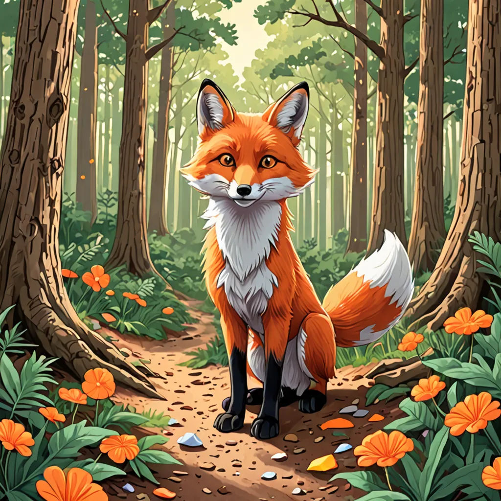 a red fox standing in a forest with orange flowers on the ground and trees in the background, with a path leading to it, furry art, a storybook illustration, Dan Mumford, official art