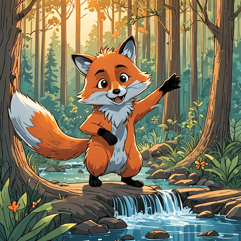 a cartoon fox standing on a rock in a forest with a stream running through it and a forest background, sots art, a storybook illustration, Cliff Childs, official art