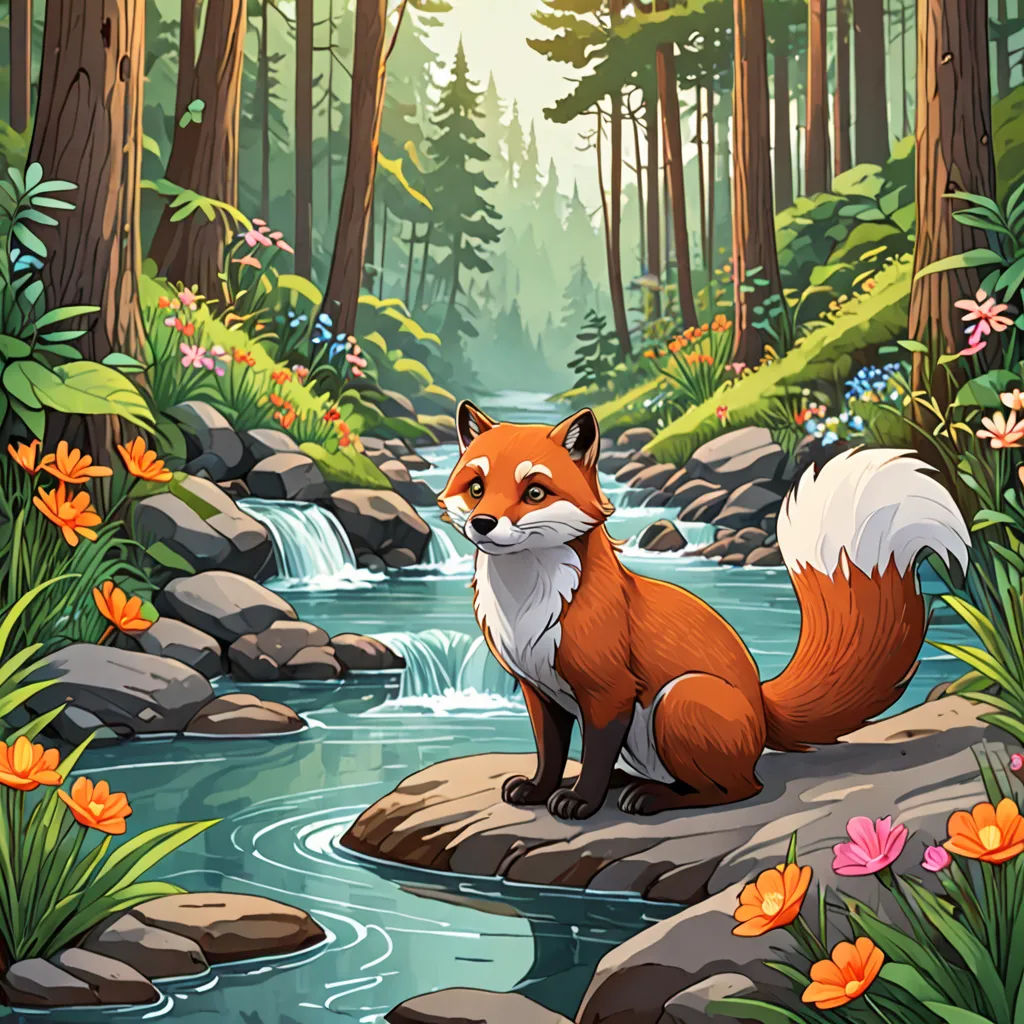 a fox sitting on a rock in a forest by a stream of water and flowers around it, with a forest background, environmental art, a character portrait, Chris LaBrooy, game art