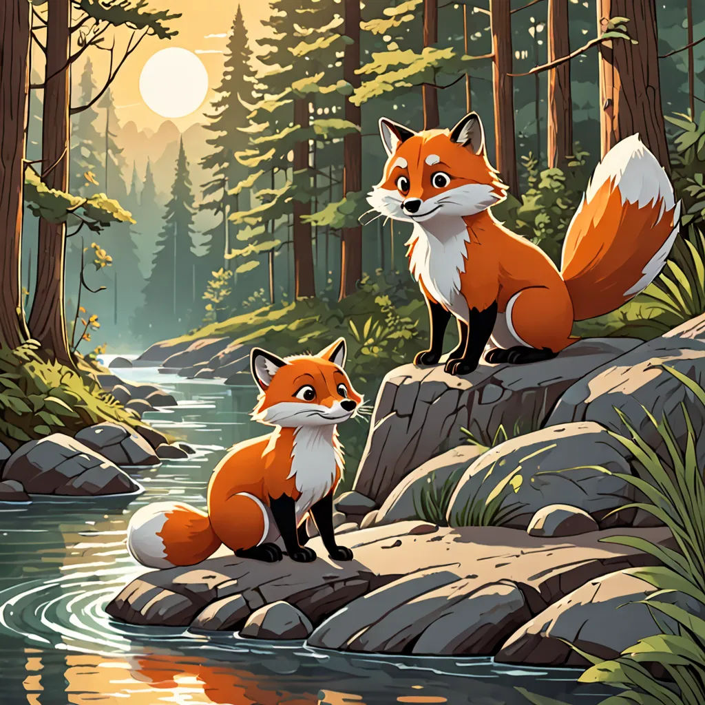 a fox and a fox cub sitting on a rock in a forest by a river at sunset or sunrise, furry art, a storybook illustration, Dan Mumford, josan gonzales and dan mumford