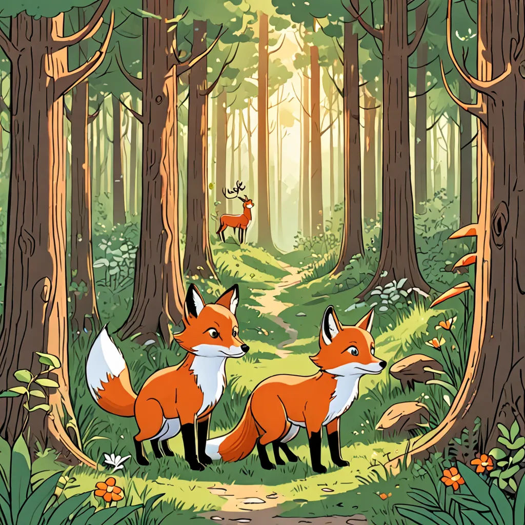 a painting of two foxes in a forest with a path leading to them and a deer in the distance, furry art, a storybook illustration, Dan Mumford, storybook illustration