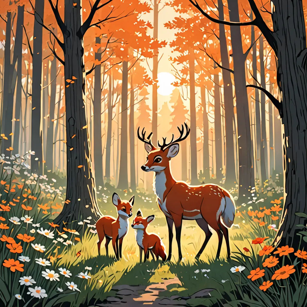 a painting of a deer and her two babies in a forest with flowers and trees in the background,, furry art, a storybook illustration, Atey Ghailan, rossdraws global illumination