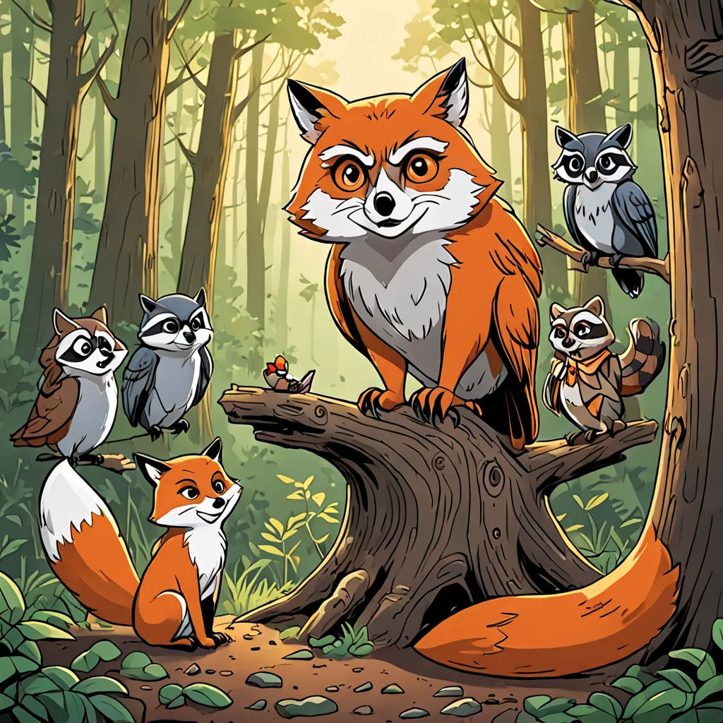 a group of animals sitting on top of a tree stump in a forest with a forest background and a forest scene, sots art, a storybook illustration, Dan Mumford, josan gonzales and dan mumford