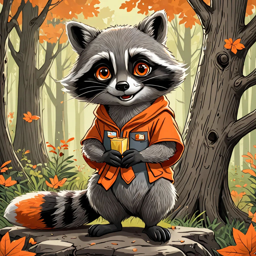 a raccoon in an orange shirt is sitting on a rock in the woods with leaves around it, furry art, a storybook illustration, Dan Mumford, storybook illustration
