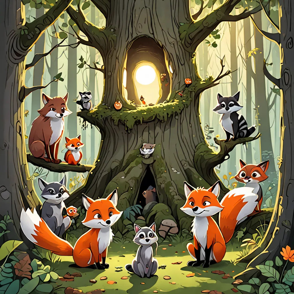 a group of foxes sitting in front of a tree with a hole in it's trunk and a light coming from the hole, furry art, a storybook illustration, Dan Mumford, storybook illustration