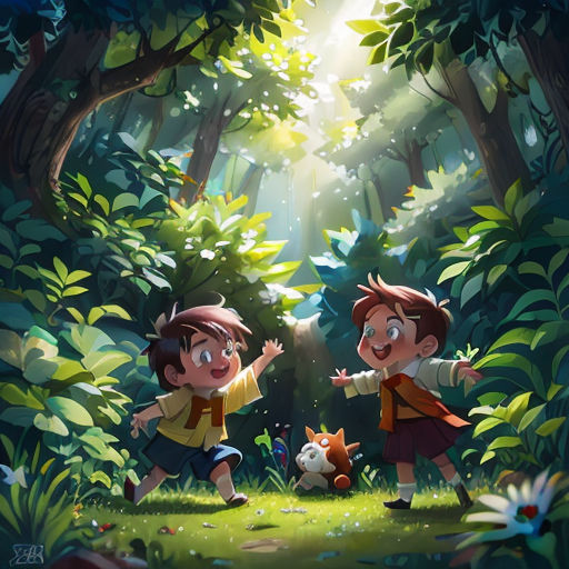two children playing in the woods with a cat and dog in front of them, with the sun shining through the trees