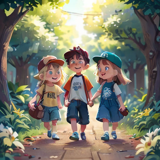 three children walking down a path in the woods with trees and leaves around them, holding hands and smiling