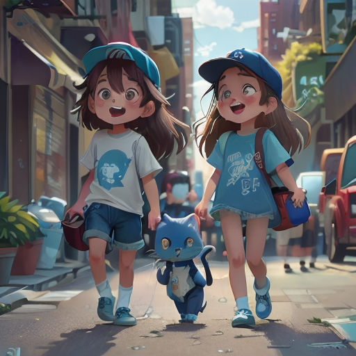 two girls walking down a street with a small dog in front of them and a cat in the background