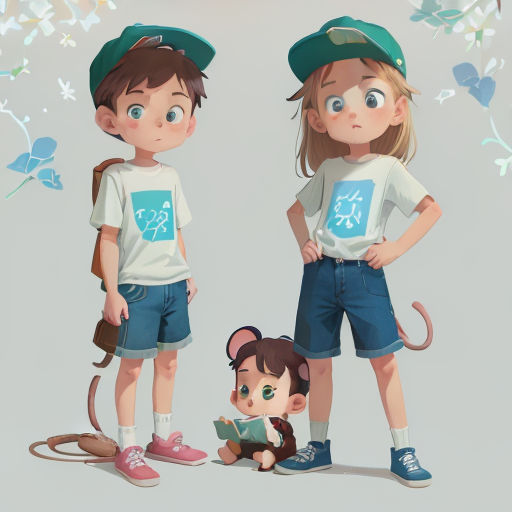 a couple of kids standing next to each other in front of a tree with leaves and flowers on it