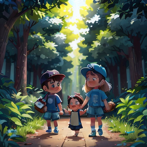a group of children standing on a forest path holding hands and looking at each other with a forest background