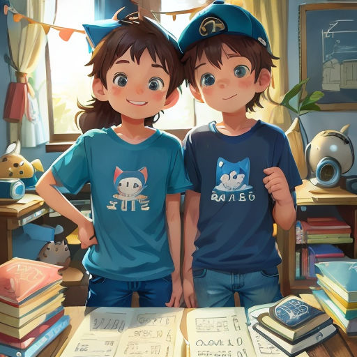 two children standing next to each other in front of a table with books and a cat on it,