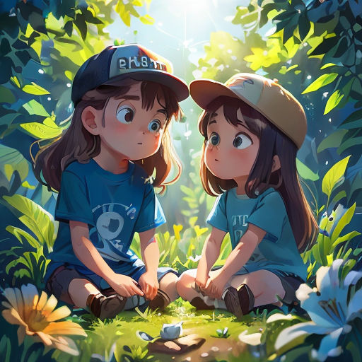 two children sitting in the grass with a sun shining behind them and a forest background behind them, with a sun shining through the leaves