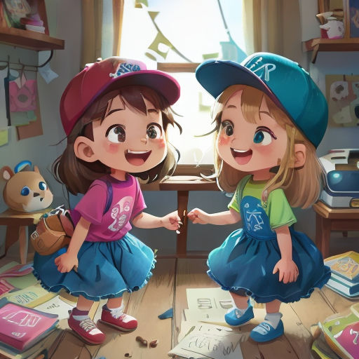two little girls are playing with a teddy bear in a room with books and toys on the floor and a window