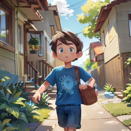 a boy walking down a sidewalk in a cartoon style with a bag on his shoulder and a house in the background