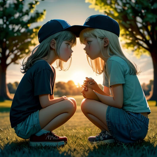 two little girls sitting on the ground in the grass with their hands together, facing each other, with the sun in the background