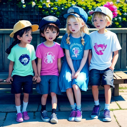 a group of children sitting on a bench in a park together, wearing hats and shirts with a blue sky background