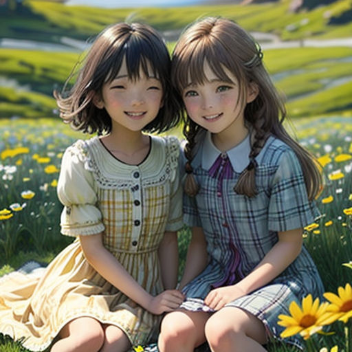 two young girls sitting in a field of flowers with a mountain in the background and sunflowers in the foreground