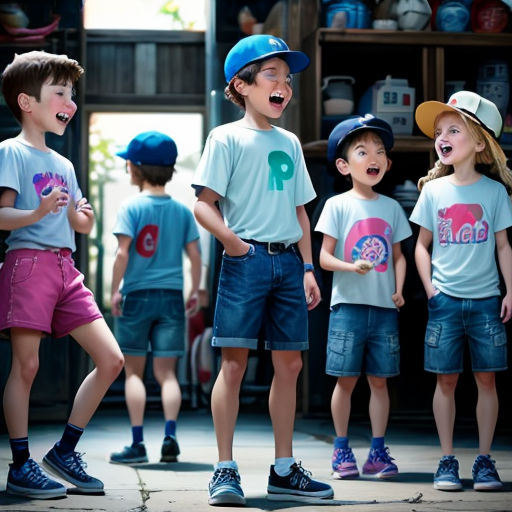 a group of children standing next to each other on a sidewalk with their mouths open and their hands in their mouths