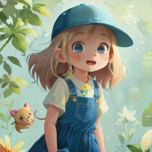 a girl in a blue hat and overalls standing in a field of flowers with a small animal in her hand
