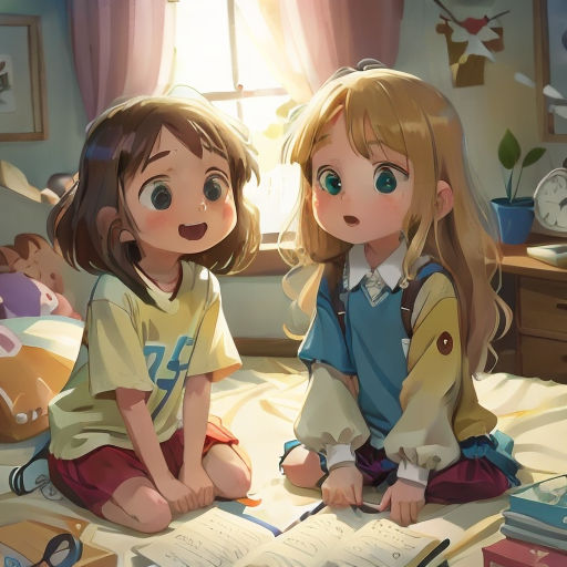 two little girls sitting on a bed reading a book together, with a window in the background and a teddy bear on the bed