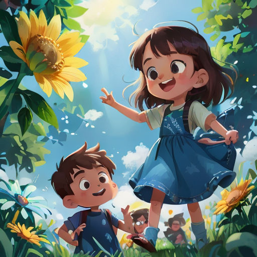a little girl and boy are walking through a field of sunflowers and a sunflower is in the background