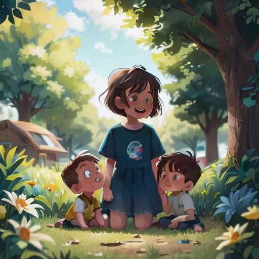 a painting of three children sitting in the grass near a tree and a house in the background with a blue sky