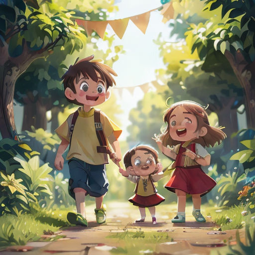 a family of three walking through a forest together with a banner above them that says,,,,,,,,,,,,,,,,,,,,,,,,,,,,