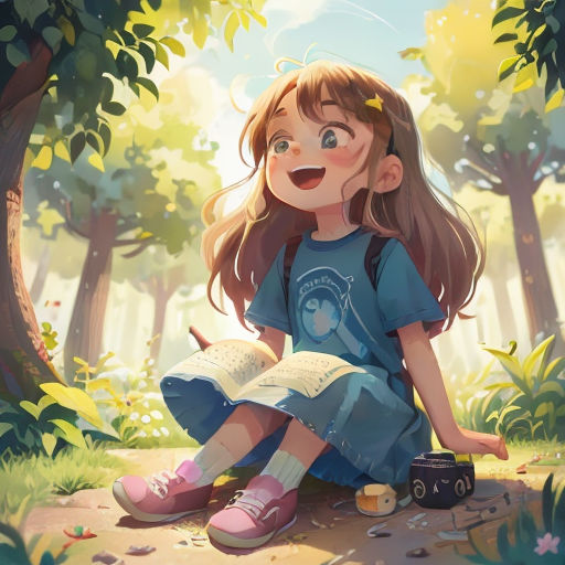 a girl sitting on the ground reading a book in the woods with a camera nearby and a camera in her hand