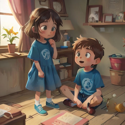 a couple of kids sitting on the floor in a room with a book and a plant in the corner