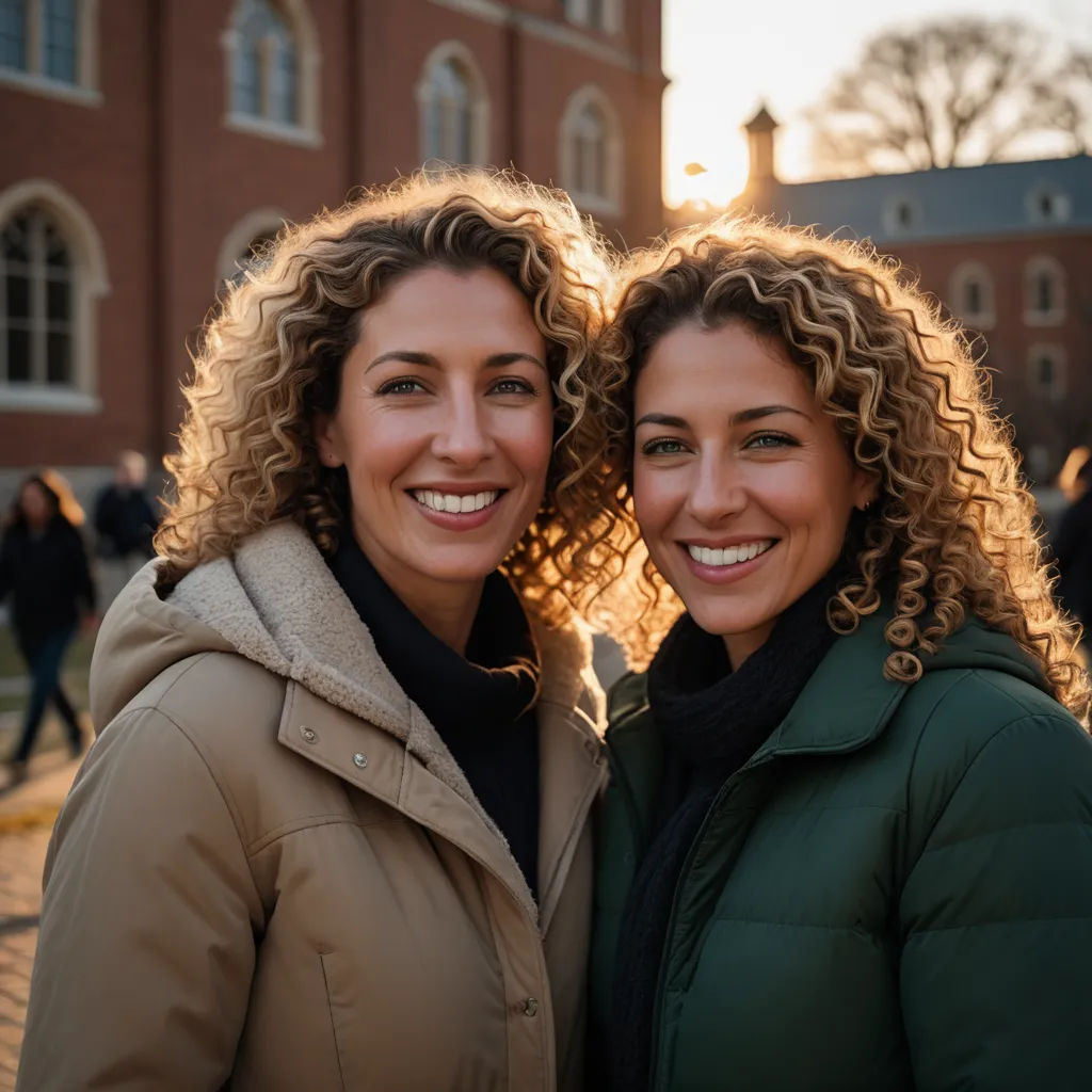 two women standing next to each other smiling for the camera with a building in the background and people walking around, romanesque, a photocopy, Andries Both, symmetrical facial features