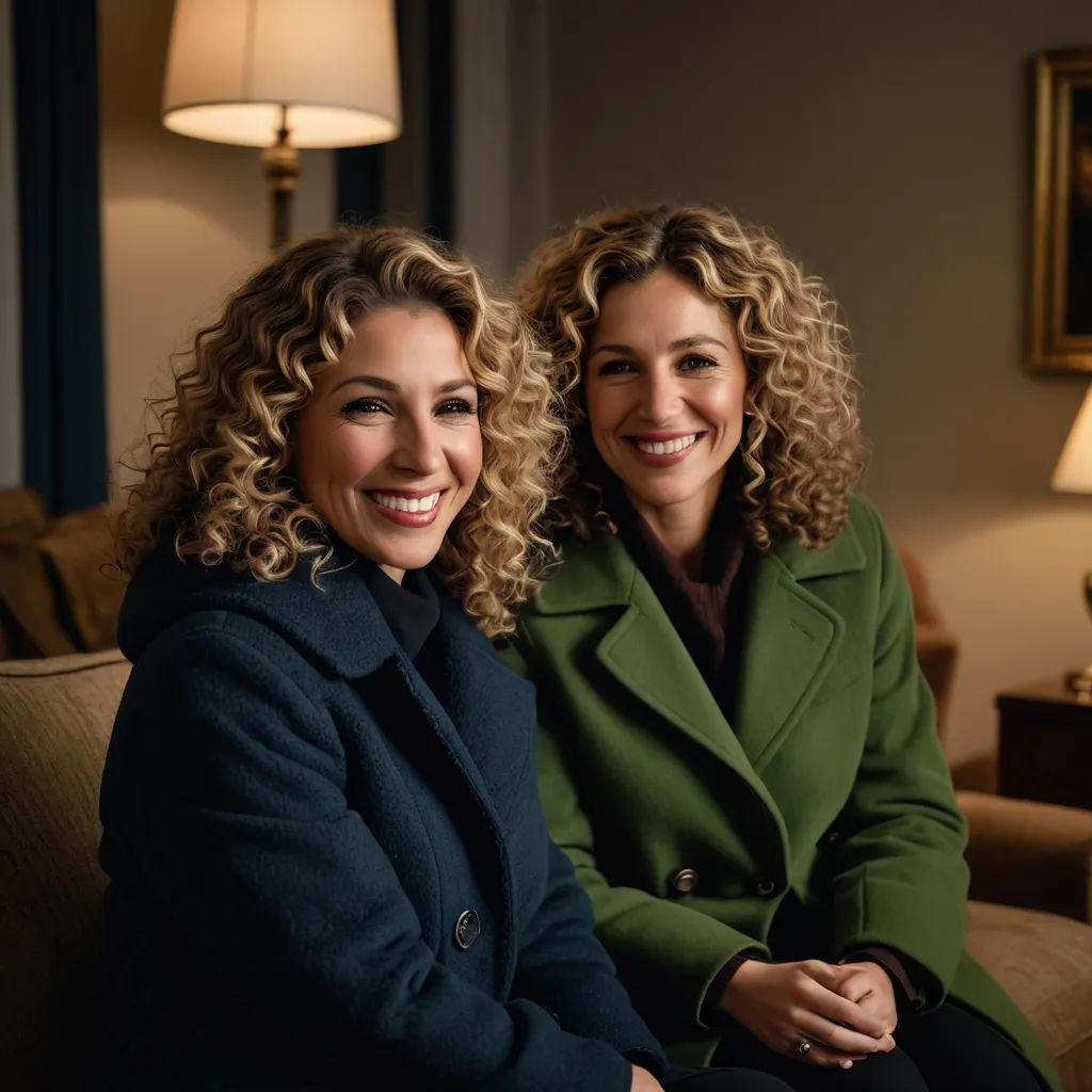 two women sitting on a couch smiling for the camera, one of them is wearing a green coat and the other is wearing a black coat, private press, a photocopy, Evelyn Abelson, promotional image