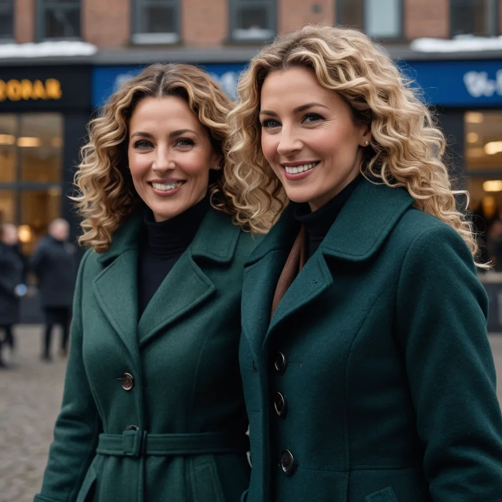 two women standing next to each other in front of a building with a store front and a sidewalk with people walking, private press, a stock photo, Felix-Kelly, promotional image