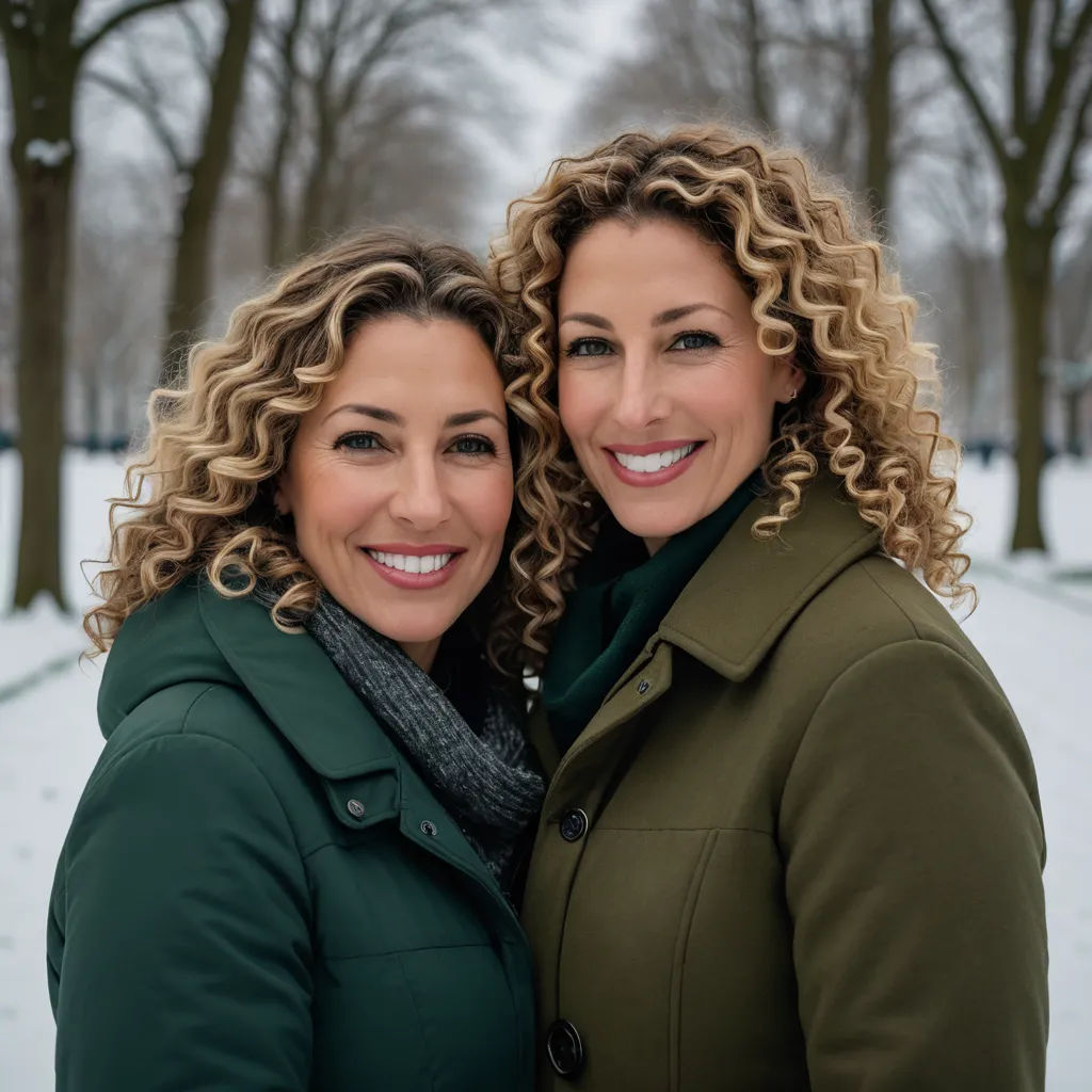 two women standing next to each other in the snow together, one of them is smiling and the other is smiling, private press, a photocopy, Evelyn Abelson, symmetrical facial features