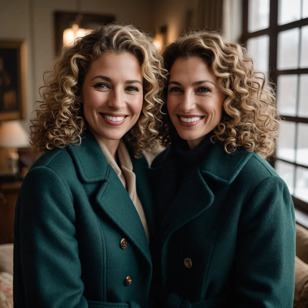 two women are smiling and posing for a picture together in a room with a large window and a couch, private press, a photocopy, Evelyn Abelson, promotional image