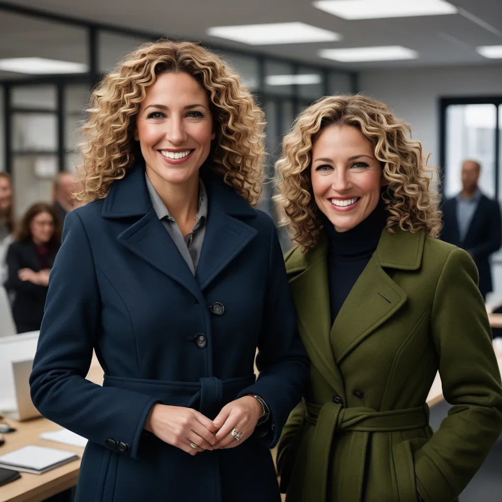 two women standing next to each other in an office setting with people in the background smiling and looking at the camera, private press, a photocopy, Evelyn Abelson, promotional image