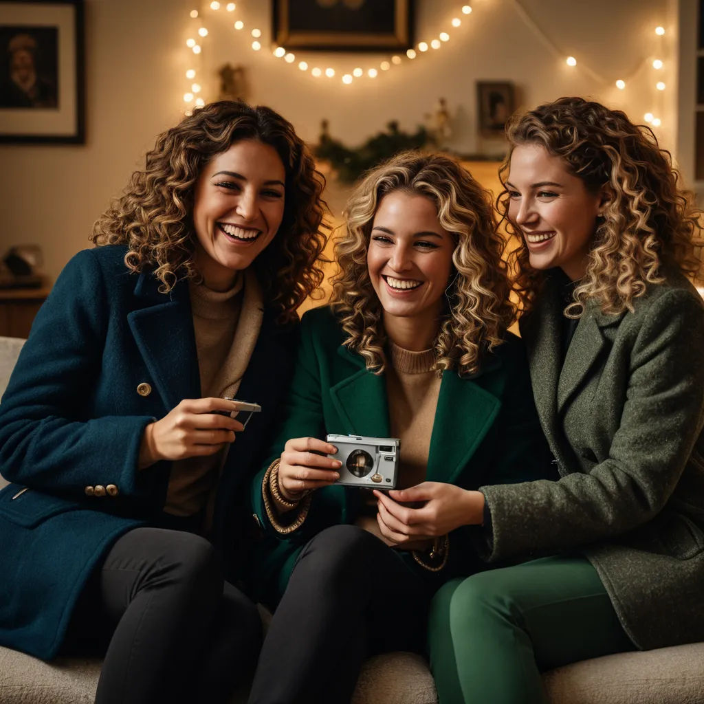 three women sitting on a couch looking at a camera and smiling at the camera, with a christmas tree in the background, private press, a polaroid photo, Caroline Lucy Scott, promotional image