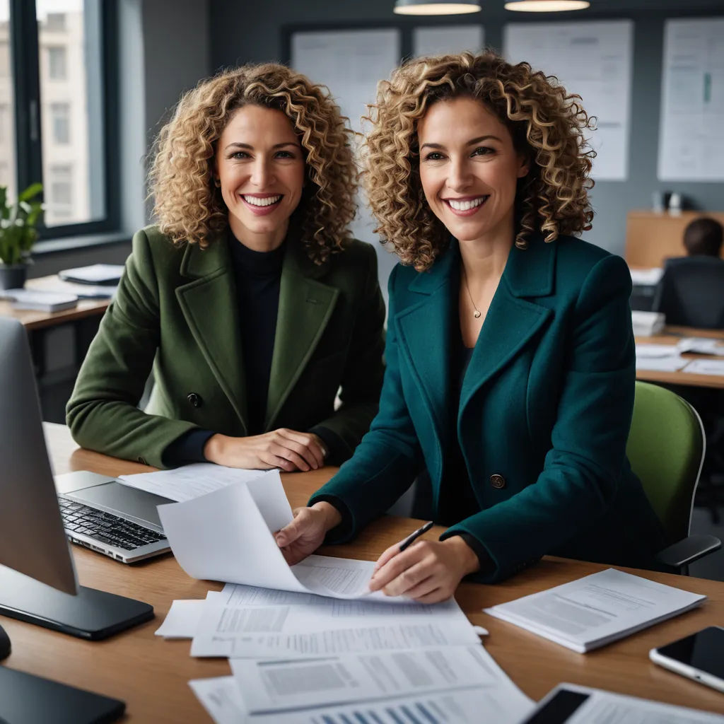 two women sitting at a desk with papers and a laptop computer in front of them, both smiling at the camera, incoherents, a stock photo, Andries Both, symmetrical facial features
