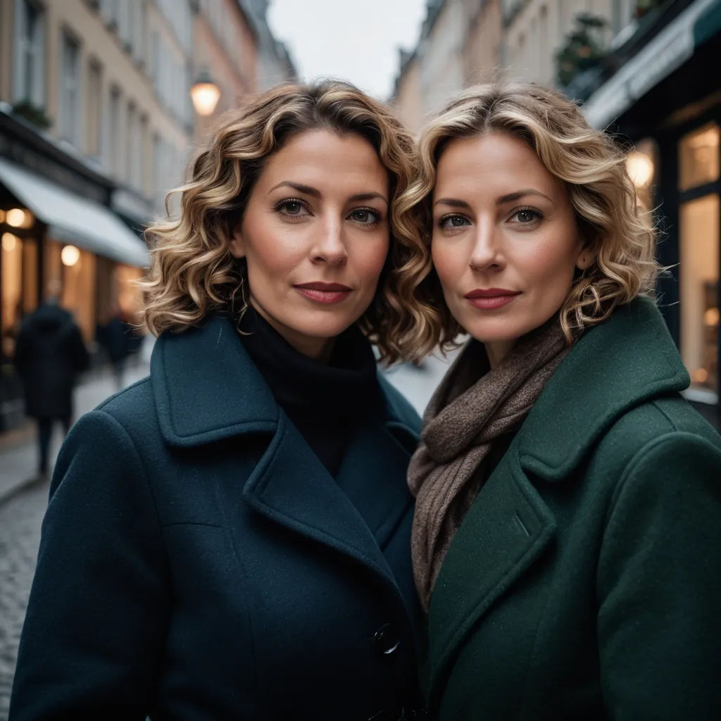 two women standing next to each other on a street corner in front of a building with a store front, serial art, a flemish Baroque, Anna Maria Barbara Abesch, promotional image