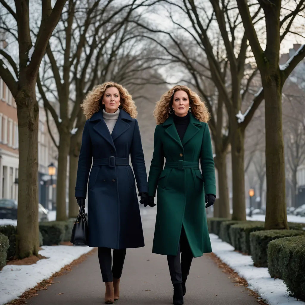 two women walking down a sidewalk in the snow holding hands and looking at the camera with a smile on their face, de stijl, a flemish Baroque, Christian Hilfgott Brand, promotional image