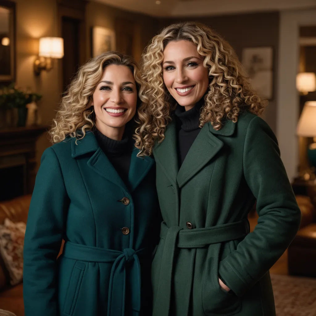 two women standing next to each other in a room with a couch and a fireplace in it, both wearing green coats, private press, a photocopy, Evelyn Abelson, promotional image