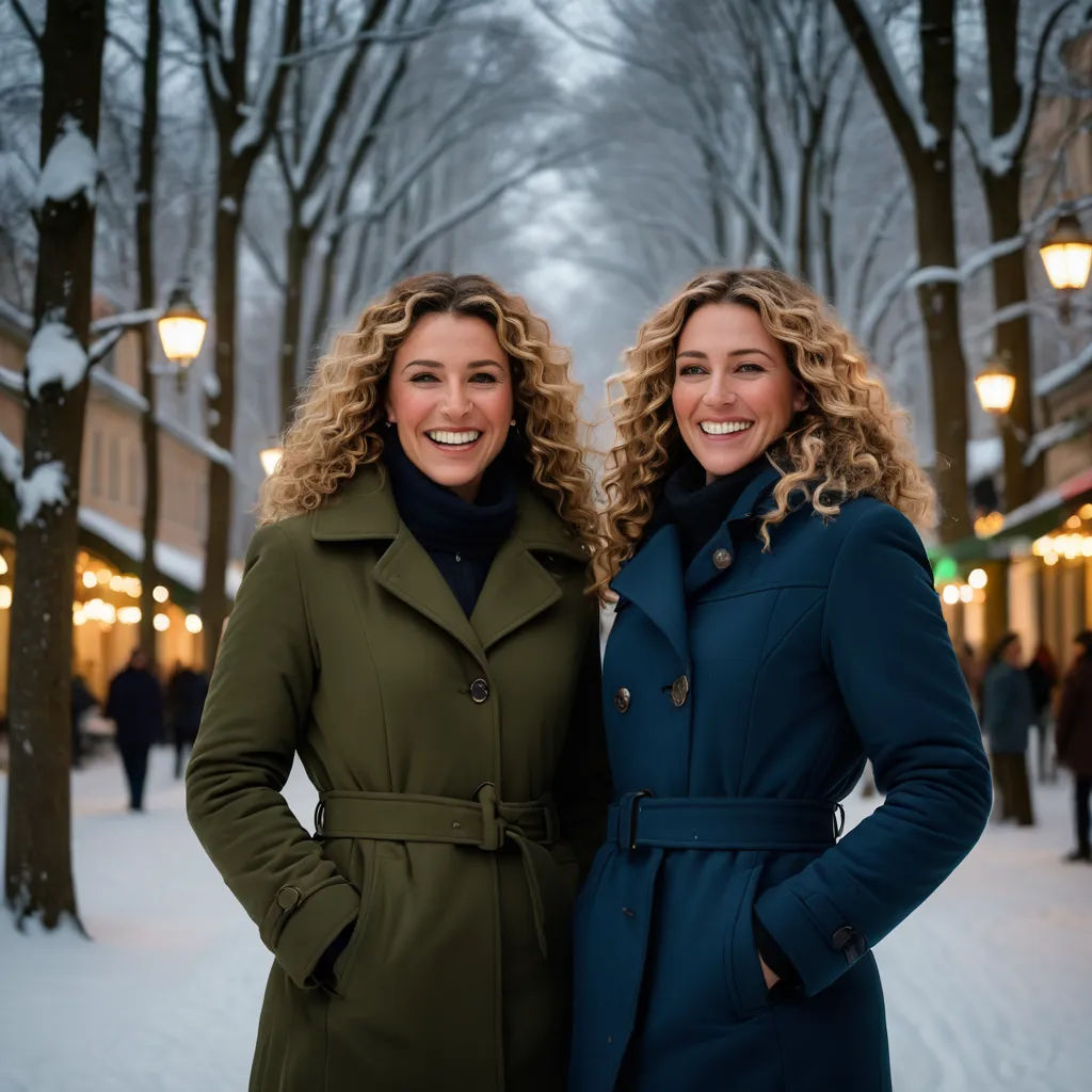 two women standing next to each other in the snow in a city street with a lot of lights on, private press, a stock photo, Bourgeois, symmetrical facial features