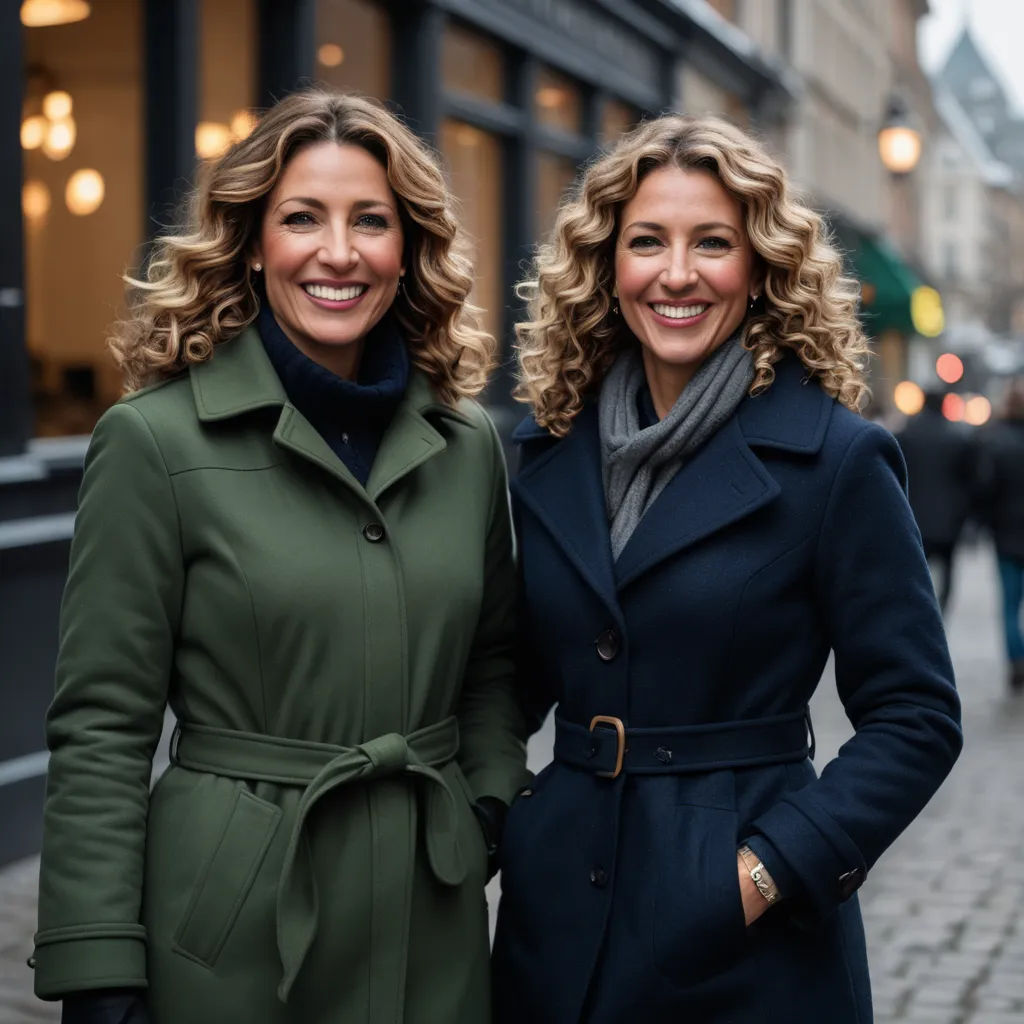 two women standing next to each other on a street corner smiling for the camera, with a city street in the background, private press, a stock photo, Alison Debenham, promotional image