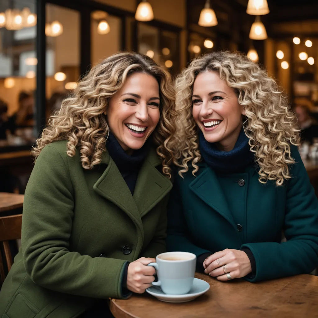 two women sitting at a table with a cup of coffee in front of them smiling at the camera,, private press, a stock photo, Evelyn Abelson, promotional image
