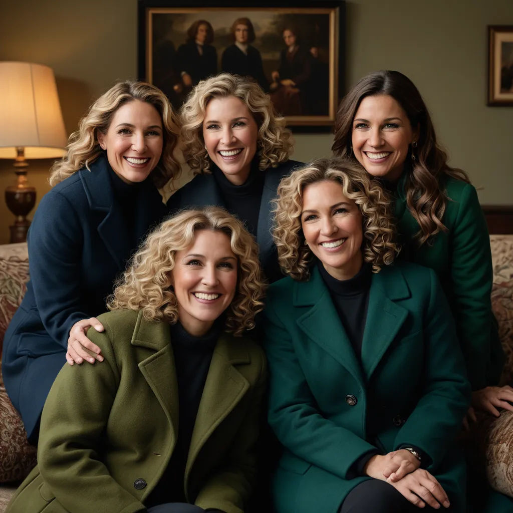 a group of women sitting on top of a couch together smiling at the camera with a portrait in the background, private press, a stock photo, Caroline Lucy Scott, promotional image