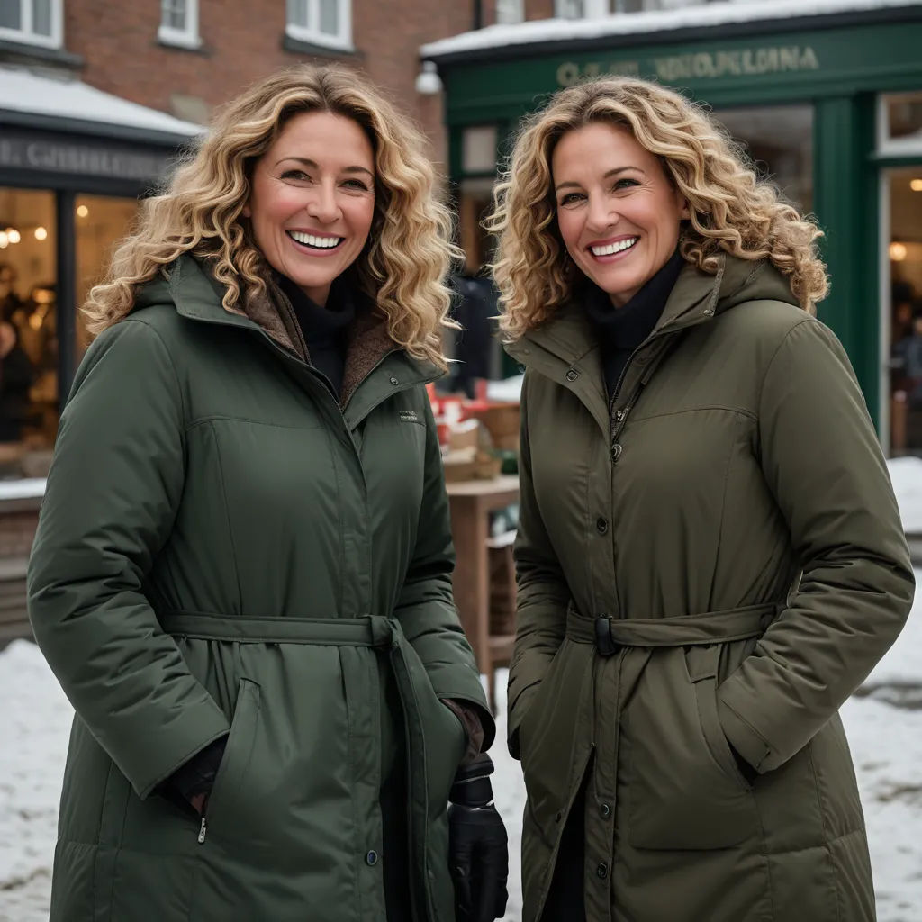 two women standing next to each other in front of a building with snow on the ground and a green sign, private press, a stock photo, Alison Debenham, promotional image